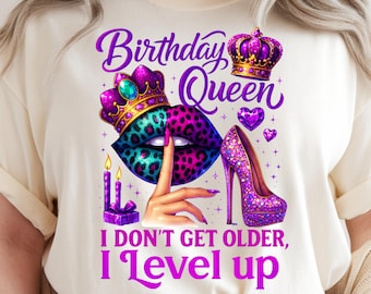 Birthday Queen PNG, Sassy Birthday Girl Sublimation, Level Up Quote, Crown Lips Clipart, DTF Print for Shirts & Mugs, Digital Download