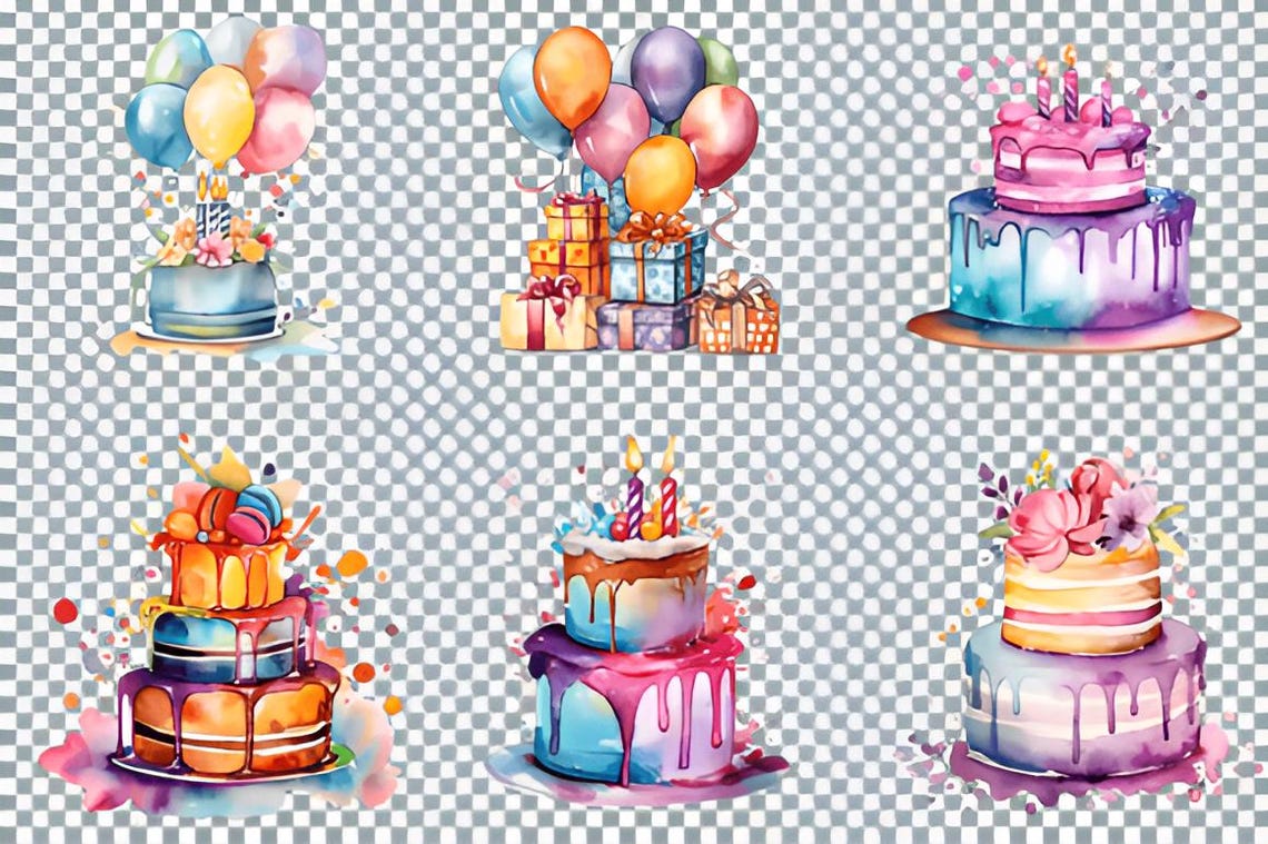Watercolor Birthday Clipart Bundle, 30 PNG Cakes Balloons Gifts, Party ...