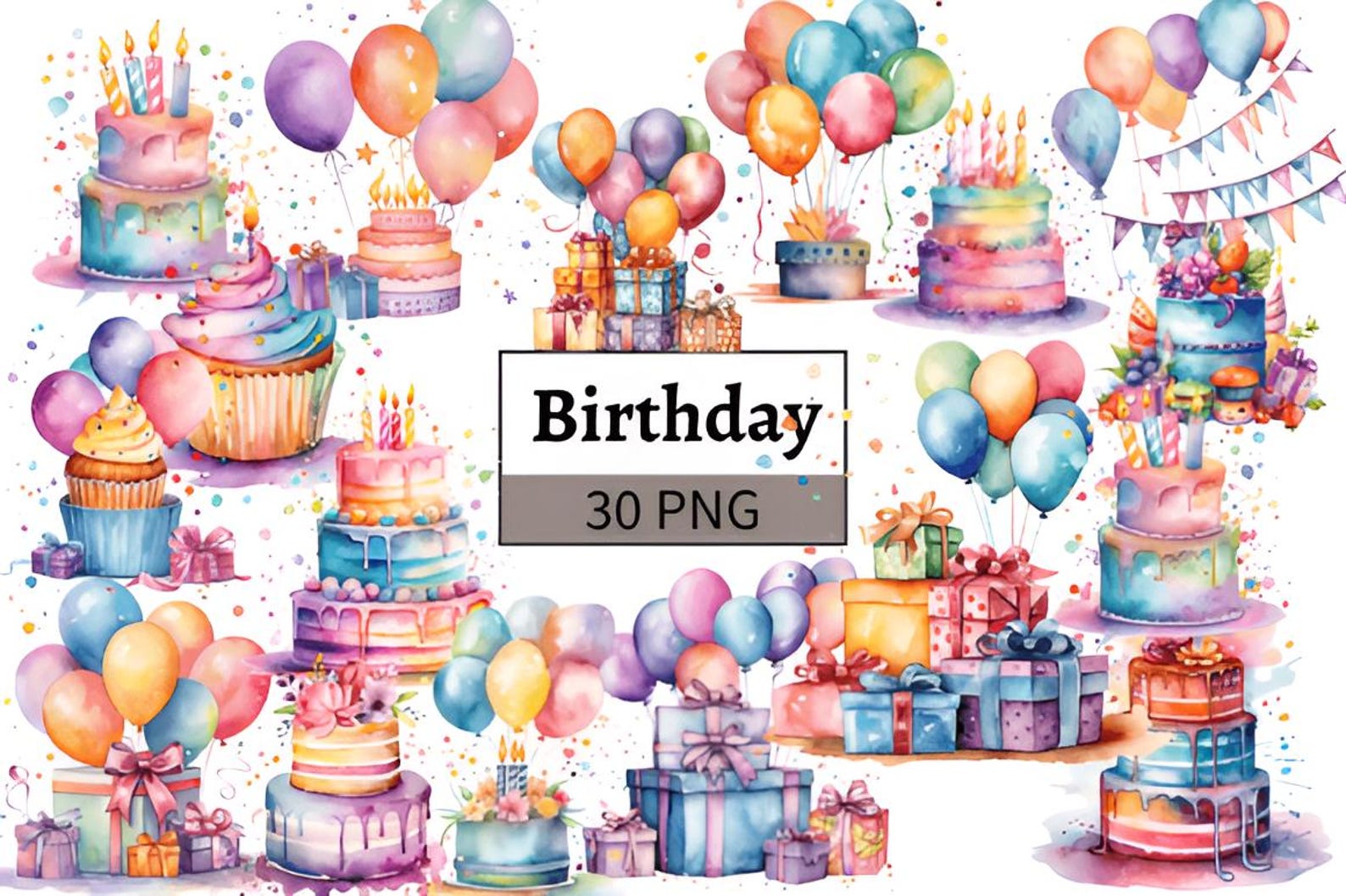 Watercolor Birthday Clipart Bundle, 30 PNG Cakes Balloons Gifts, Party ...