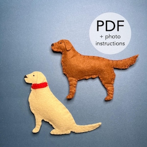 May include: Two felt dog figures: one golden yellow, the other brown. The yellow dog is seated with a red collar. The brown dog is standing. The image includes the text "PDF + photo instructions".