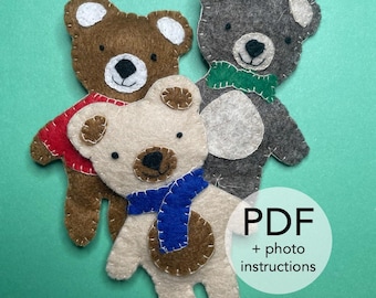 Christmas Teddy Bears Ornaments sewing pattern | simple instructions PDF gift template felt handmade decor xmas winter DIY festive