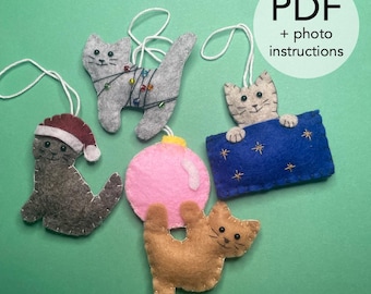 Patrón de costura para adorno navideño de gato | Instrucciones fáciles en PDF para principiantes, manualidades de fieltro, decoración, colgante, gatito