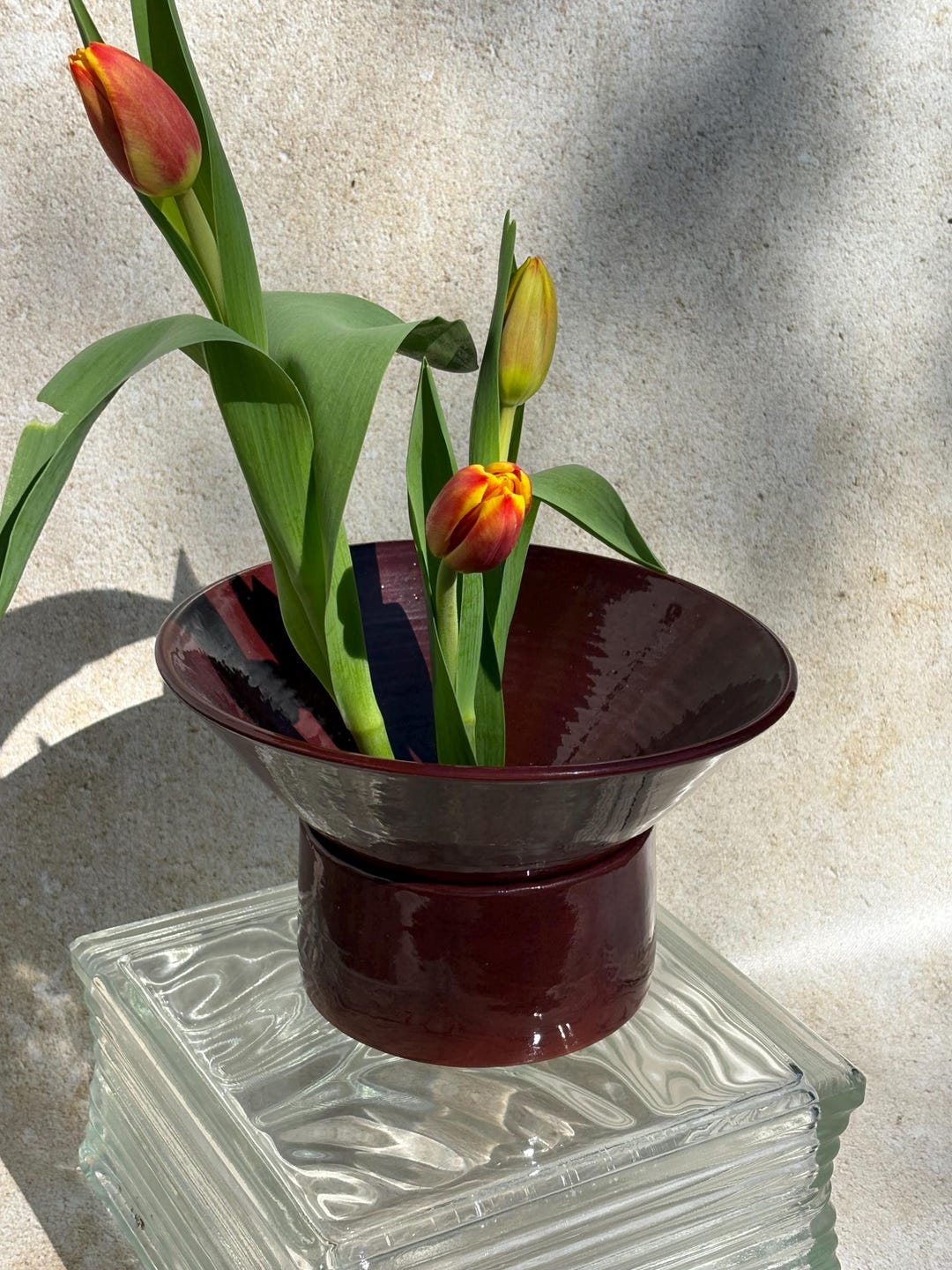 Two Piece Burgundy Ceramic Floral Vase