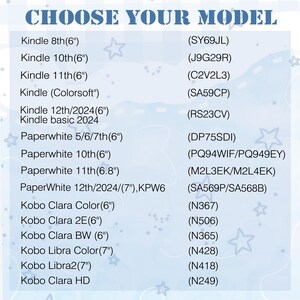 Puede incluir: Una gu&iacute;a de selecci&oacute;n de productos con el texto "CHOOSE YOUR MODEL" en la parte superior. La gu&iacute;a enumera varios modelos Kindle y Kobo con sus n&uacute;meros de modelo correspondientes, incluidos los modelos Kindle de 8&ordf;, 10&ordf;, 11&ordf; y 12&ordf; generaci&oacute;n.