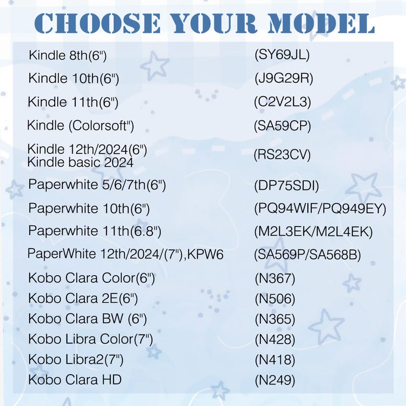 Puede incluir: Una gu&iacute;a de selecci&oacute;n de productos con el texto "CHOOSE YOUR MODEL" en la parte superior. La gu&iacute;a enumera varios modelos Kindle y Kobo con sus n&uacute;meros de modelo correspondientes, incluidos los modelos Kindle de 8&ordf;, 10&ordf;, 11&ordf; y 12&ordf; generaci&oacute;n.