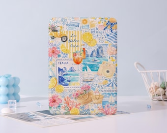 May include: A rectangular case with a collage design featuring Italian imagery. The design includes a yellow scooter, lemons, flowers, a camera, and the text "La Dolce Vita" and "Italia". The color palette is predominantly blue, yellow, and pink.