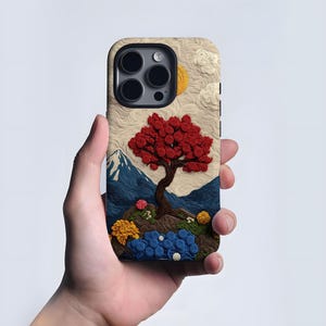 Faux embroidered felt forest case with green nature scenery for iPhone 16 15 14 13 12 11 Pro Max Plus, Samsung Galaxy S23 S22 S20 Ultra