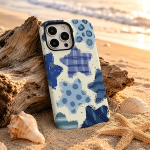Telefoonhoesje met blauwe patchwork sterren, handgeschilderde retro sterrenhoes, preppy en artistiek, geschikt voor iPhone 17 16 15 14 13 12 11 Pro Max, Samsung S26 S25 S24