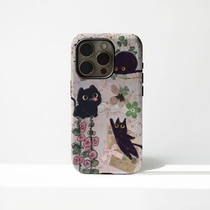 Coque de portable chat noir - Coque esthétique Japan Kitty Art pour iPhone 15 Pro Max, 14, 13, 12, 11, Plus, Samsung S23 Ultra, S22, S21 Chain Cover