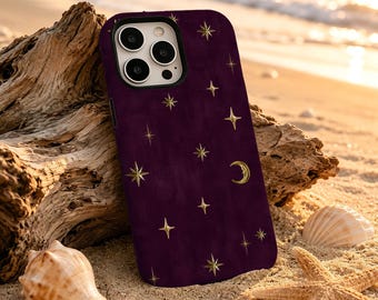 紫色の天体月と星のスマホケース - 魔女の夜空カバー、神秘的な天体デザイン iPhone 17 16 15 14 13 12 11、Samsung S26 S25 用