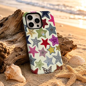 Cover per telefono con stelle patchwork, cover a stelle in tessuto colorato, stile retrò Y2K eclettico per iPhone 17 16 15 14 13 12 11 Pro Max, Samsung S26 S25 S24