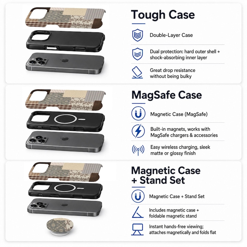 以下が含まれることがあります： ベージュとブラウンのパッチワーク柄のスマートフォンケース3種。Tough Caseは二層構造。MagSafe Caseはワイヤレス充電用のマグネットを内蔵。Magnetic Case + Stand Setには折りたたみ式のスタンドが付属しています。