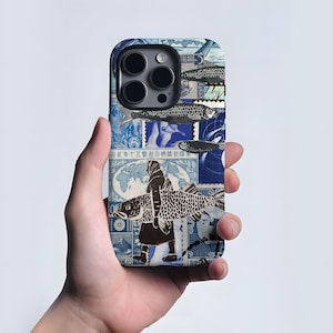 Fish-shaped retro phone case, sardine collage, blue aesthetic, iPhone 17 16 15 14 13 12 11 Pro Max Plus, Samsung Galaxy S23 S22 S20 Ultra