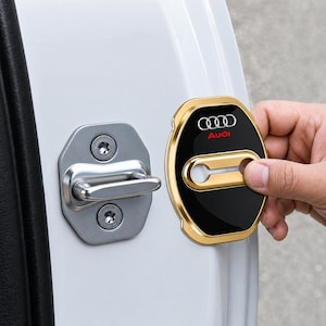 May include: A gold and black car door lock cover featuring the Audi logo in white and red. The cover is positioned near a silver door latch on a white car door.