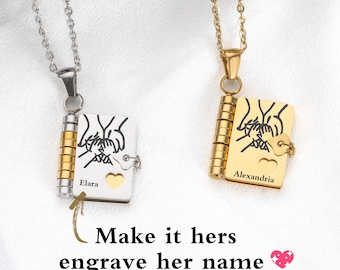 My Daughter Book Necklace – Custom Name Locket with Hand-Drawn Cover, Mini Message Pendant Gift of Love & Encouragement