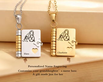 Regalo para mi nieta: Collar con colgante de libro "Para mi nieta", con mensaje personalizado y dije de corazón.