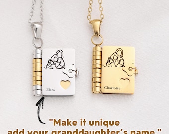 To My Granddaughter Book Necklace – Personalized Mini Message Pendant with Love, Heart Charm Keepsake, Gift from Grandma or Grandpa