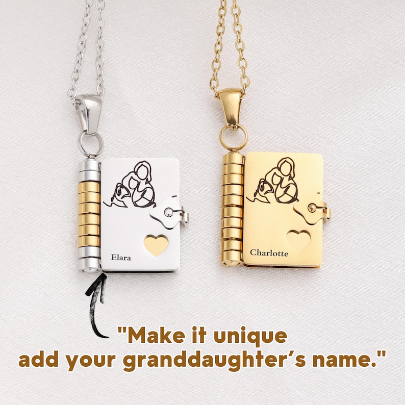 May include: Two pendant necklaces with book-shaped lockets. One locket is silver with a white face, the other is gold. Each has a heart cutout and a drawing of a mother and child. The text says "Make it unique add your granddaughter's name."