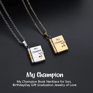 My Champion Book Necklace for Son – Inspirational Mini Pendant with Words of Encouragement, Birthday or Graduation Gift from Mom or Dad