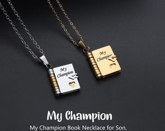 My Champion Book Necklace for Son – Inspirational Mini Pendant with Words of Encouragement, Birthday or Graduation Gift from Mom or Dad