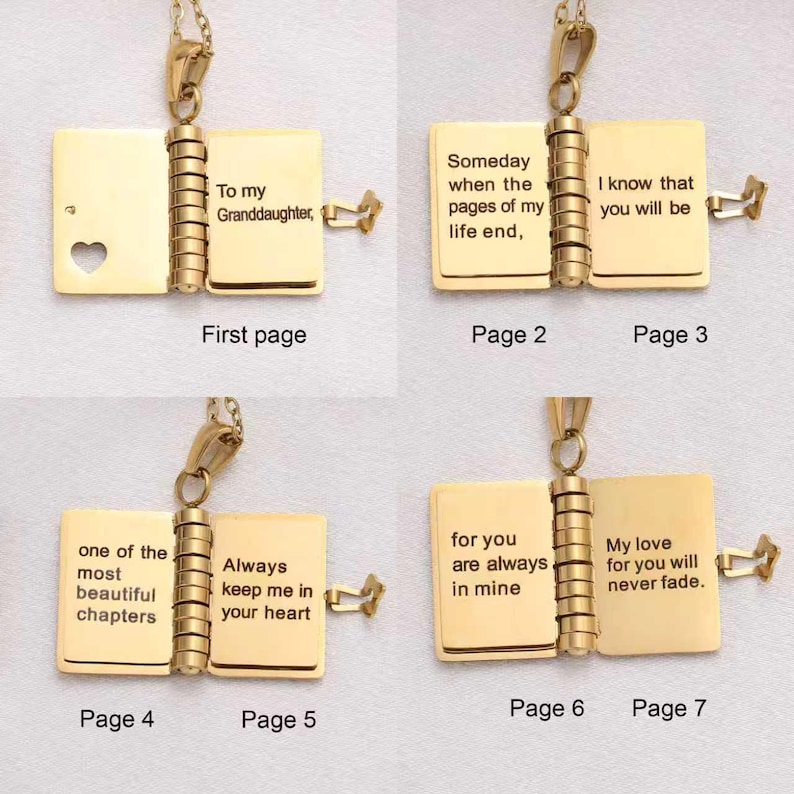 To My Granddaughter Book Necklace – Personalized Mini Message Pendant with Love, Heart Charm Keepsake, Gift from Grandma or Grandpa image 2