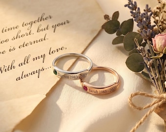 Personalized Memorial Ring with Birthstone, Custom Name Date Ring, Loss of Loved One Jewelry, Sympathy Gift Keepsake
