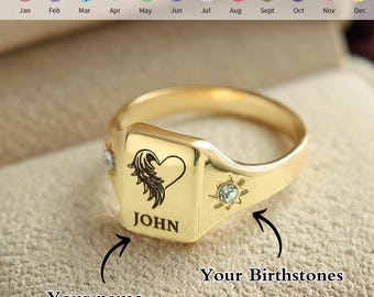 Anillo de piedra natal con corazón alado y nombre: un homenaje y recuerdo para un hijo, una hija o un ser querido.