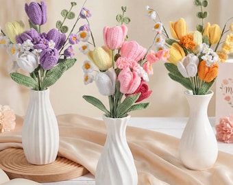Crochet Forever Flowers Gift for mom, Knitted Tulip Bouquet, Mother’s day gift, Flower Arrangement, Wedding Decor,Teacher gift
