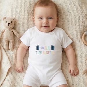 Milk Then Burpees Baby Onesie, Funny Workout Baby Bodysuit, Baby Shower Gift For Fitness Parents, Newborn Coming Home Outfit