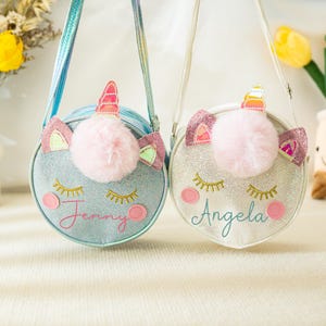 Personalisierte Einhorn Kleinkind Geldbörse, Einhorn Crossbody kleines Mädchen, Einhorn Tasche mit Namen, Blumenmädchen, kleine Mädchen Geburtstagsgeschenk, kleine Handtasche