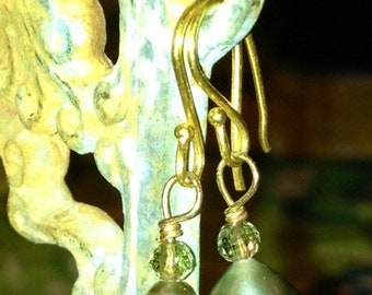 ON SALE Green Pearl Earrings with Green Sapphire Beads 18kt  Purity