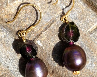 Large 12mm Black Pearl earrings with watermelon tourmaline 18kt   Purity, Faith, Integrity