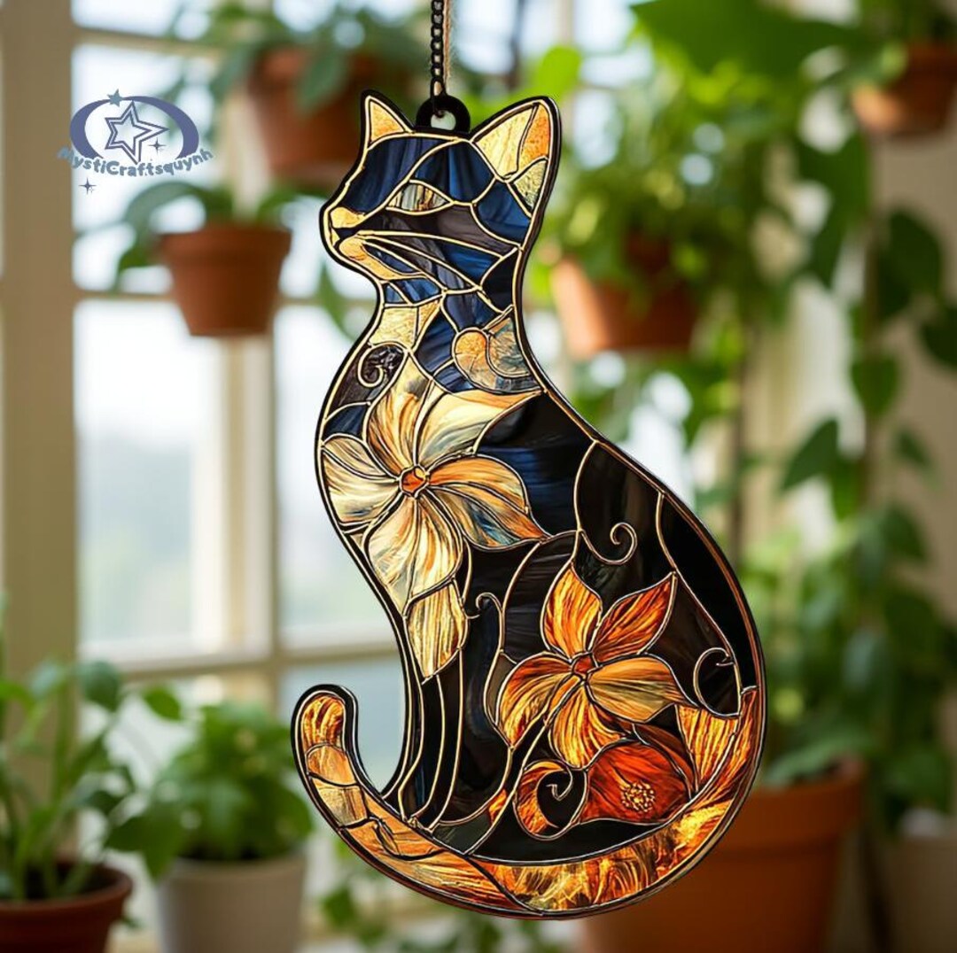 Black Cat & Floral Faux Stained Glass Suncatcher – Acrylic Window ...