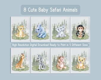 8 Baby Safari Animals Art Set , Lion, Giraffe, Nursery Art, Jungle Animals Clipart, Cute Watercolor Animal, Jungle Animals, Digital Download