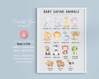 Baby Safari Animals Art, Lion, Tiger, Giraffe, Nursery Art, Jungle Animals Clipart, Cute Watercolor Animal, Jungle Animals, Digital Download