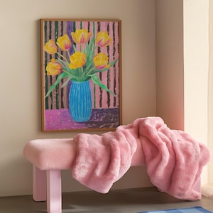 Arte mural de tulipanes amarillos / Impresión de pintura floral acrílica / Descarga digital / Arte floral en jarrón azul / Póster de decoración del hogar bohemio colorido