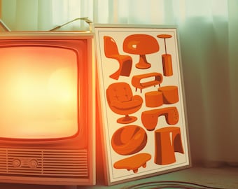 Mid Century Modern Wall Art Print: Retro Orange Furniture, Bauhaus Decor (Digital Download