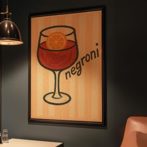 Negroni cocktailmuurkunst – retro barwagen afdrukbaar | Vintage aperitiefillustratie | Italiaanse cocktailkeuken en woondecoratieDigitaal downloaden