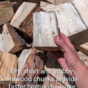 May include: Pile of dry, stubby firewood chunks. The wood is a mix of light and dark brown, with visible grain and texture. The text on the image says: "Dry, short and stubby firewood chunks provide faster heating because more flames contact the coil."