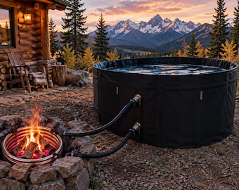 May include: A black circular portable hot tub connected by two black hoses to a metal coil heating system placed inside a stone fire pit with burning wood logs, set outdoors in a mountainous landscape at sunset.