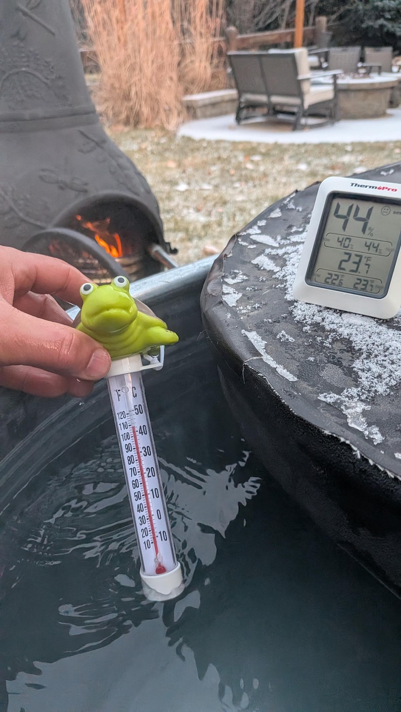 May include: A green frog-shaped thermometer is placed in water, showing a temperature reading. A digital thermometer displays the temperature in Fahrenheit and Celsius. The background includes a fire pit and outdoor seating.
