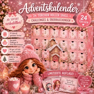 Puede incluir: Un calendario de adviento rosa con 24 puertas numeradas, una ilustración de una casa de invierno y texto que incluye Adventskalender, 24 Türchen voller Spass, challenges & Überraschungen y limitierte Auflage. Se muestra un personaje con gorro rosa.