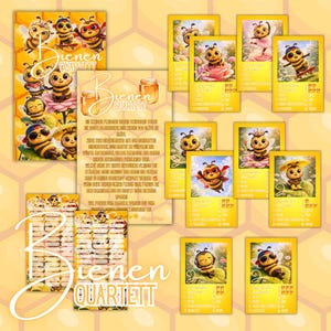 Op de afbeelding: Een verzameling geïllustreerde speelkaarten en een boekje, allemaal met de tekst "Bienen Quartett". De kaarten tonen verschillende cartoonbijen in verschillende outfits en poses, tegen een gele honingraatachtergrond. Het thema is een bijenspel.