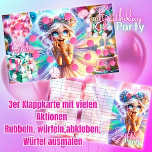 Könnte beinhalten: Ein farbenfrohes Geburtstagsspiel mit einer Feenillustration und rosa Akzenten. Das Spiel beinhaltet ein Tombola-Brett, eine Geburtstagstorte und den Text "Birthday Party". Das Bild enthält auch den Text "3er Klappkarte mit vielen Aktionen".