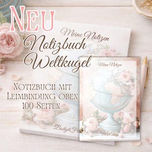 Könnte beinhalten: Notizbücher mit einem Vintage-Globus-Design und floralen Akzenten. Die Notizbücher tragen den Text "Meine Notizen" und "Notizbuch Weltkugel". Das Cover des Notizbuchs zeigt einen hellblauen Globus mit rosa Rosen.