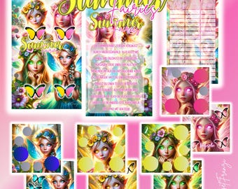 May include: A collection of fantasy-themed art prints featuring fairies, butterflies, and floral elements. The artwork includes the text "Summer Fairies" in a whimsical font, with a pink and yellow color scheme. The images are designed with a fantasy theme.