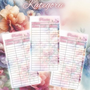 Pode incluir: Um planejador com tema floral com o texto "Tracker mit Kategorie" e "Budget Franzi". O planejador apresenta um design rosa e branco com espaço para rastrear finanças. O fundo é um design floral em aquarela com flores rosa, pêssego e azul.