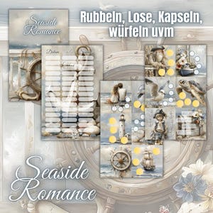 Könnte beinhalten: Eine Sammlung von Kunstdrucken zum Thema Nautik mit dem Text "Seaside Romance". Die Drucke zeigen Bilder von Steuerrad, Anker, Leuchtturm und einem Paar am Strand. Der deutsche Text "Rubbeln, Lose, Kapseln, würfeln uvm" ist ebenfalls zu sehen.