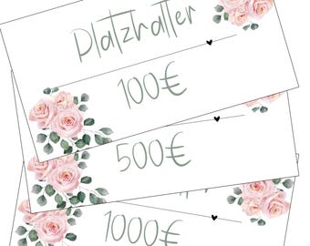 May include: Four white gift cards with pink roses and green leaves. The cards have the text "Platzhalter" and different euro amounts: 100€, 500€, 1000€.