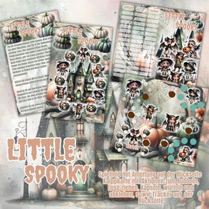 May include: A Little Spooky game set featuring a haunted house illustration, small witch characters, pumpkins, and spiderwebs. The set includes a game board with circular markers, a tracking sheet, and instructional text in German.